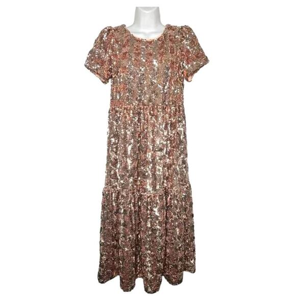 Maeve by Anthropologie Bernadette Tiered Sequin Midi Dress Rose Gold Small NWT - Picture 1 of 7